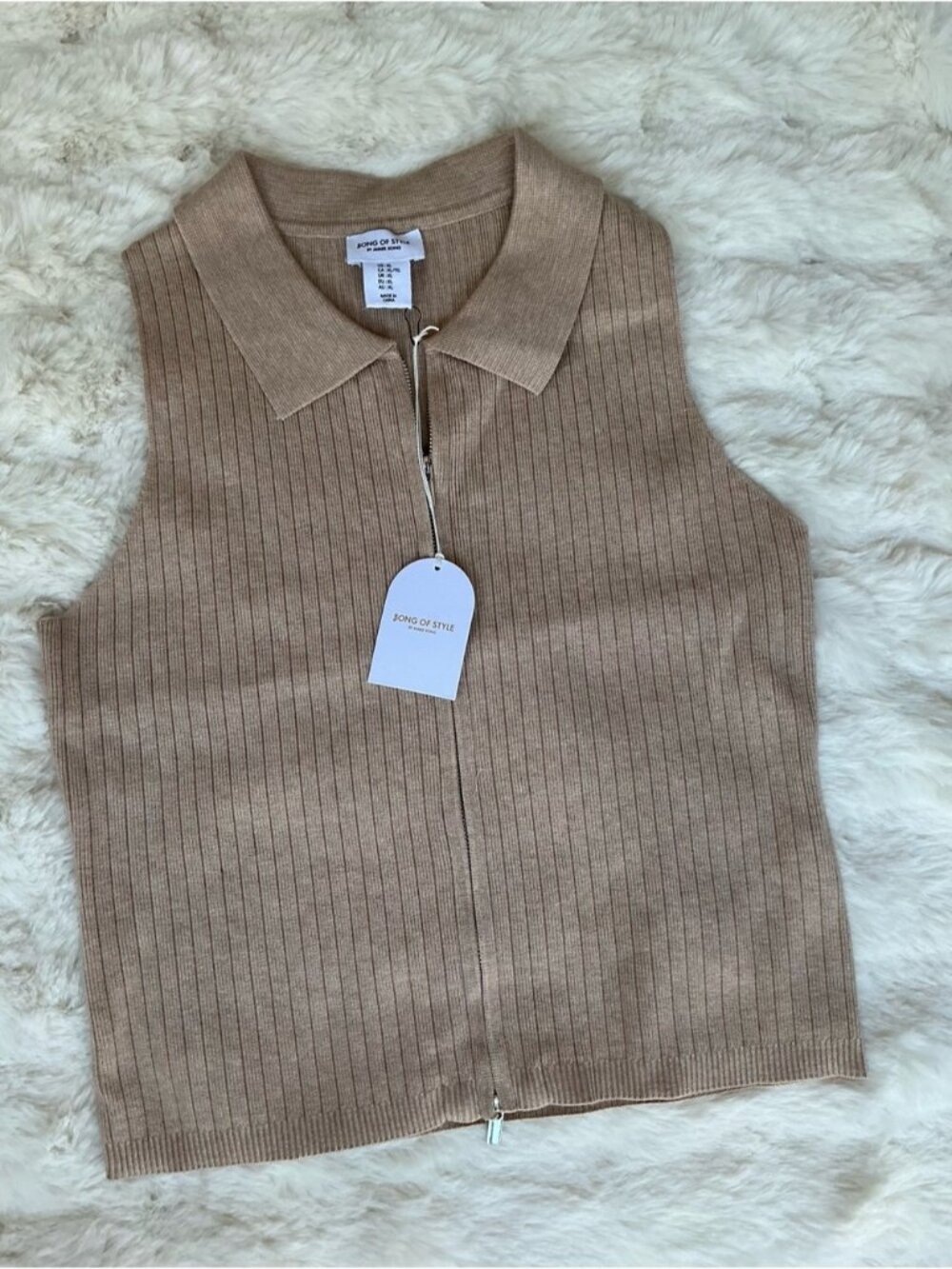 Ribbed Zip Polo in Light Camel